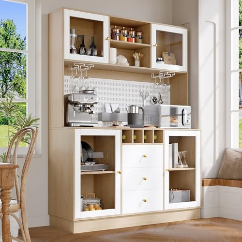 DRIXNO Hochschrank, Küchenschrank mit LED Beleuchtung, Buffetschrank mit Schubladen, Verstellbaren Ablagen, Esszimmerschrank, Seitenschrank mit Weinregal und Kippsicherung, 140x40x185.7 cm, Weiß