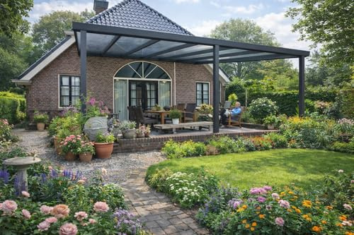 Terrassenüberdachung Aluminium Barcelona mit VSG Glas – Hochwertiges Terrassendach, Wetterfest, Stabile Alu Konstruktion für Terrasse & Garten (Anthrazit, 305 x 250 cm)