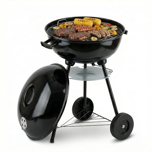 Shop SoftAir Barbecue a Sfera con Coperchio e Raccoglicenere, Grill a Carbonella da Esterno, Ø 44 cm, 70 cm Altezza, 2 Ruote, Ripiano Inferiore, Ventilazione Regolabile, Nero