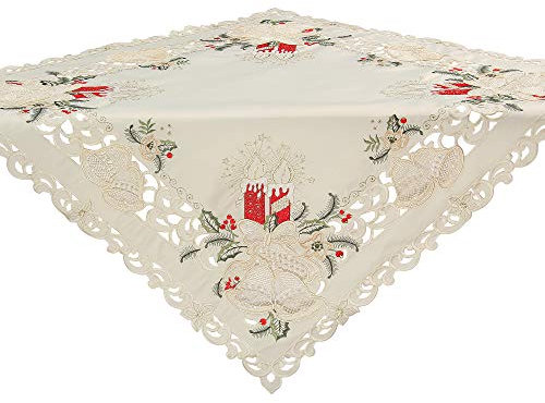 Bezaubernde Weihnachten Mitteldecke/Tischdecke Creme-Weiß mit Rot Kerzen Glocken Stickerei - Größe wählbar (ca. 85 x 85 cm Eckig)