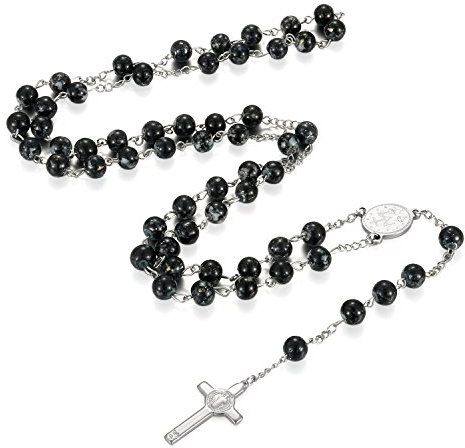 Flongo Edelstahl Anhänger Halskette Kugel Kette Glas Schwarz Jesus Kreuz Kruzifix Rosenkranz Klassiker Herren,Damen