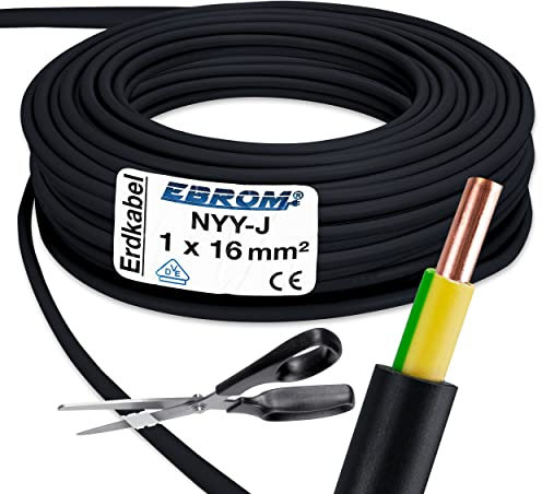 Cable subterráneo NYY-J,1 x 16 mm² (mm2), mercancía a metro justo, cable de corriente de alta intensidad de PVC, color negro (personalizable)