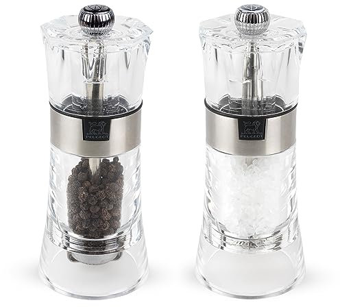 PEUGEOT - Oslo - Moulin à Poivre + Moulin à Sel 11 cm - Poivre Noir + Sel Gemme Inclus - Réglage Classique- En Acryl et Inox - Fabrication Française - Coloris transparent