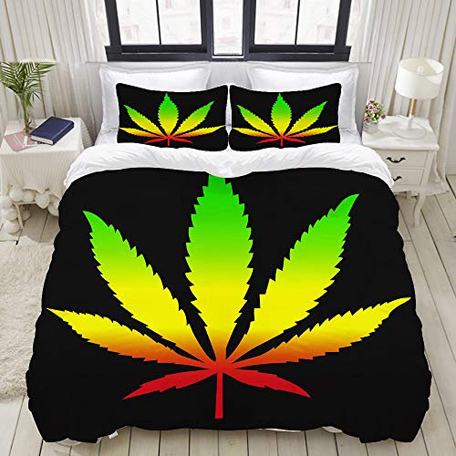 ALLMILL Bettwäsche-Set, Mikrofaser,Grünes Reggae-Marihuana-Blatt mit Rastafarian färbt purpurrotes Rasta Ganja Jamaika 420,1 Bettbezug 135 x 200cm+ 2 Kopfkissenbezug 80x80cm