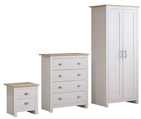 AFN Ossotto Country Style Modern Furniture Set - 2 Door Wardrobe Chest Bedside Cream/White/Grey (White/Oak)