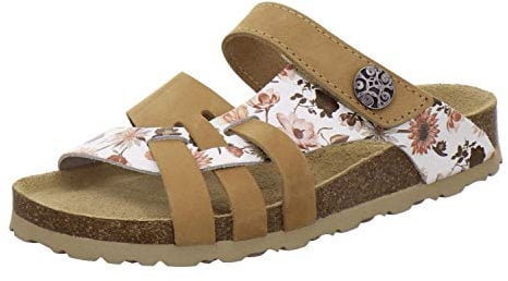 AFS-Schuhe 2120 Damen Pantoletten aus Leder mit Klettverschluss, Bequeme Hausschuhe für Frauen mit Fußbett, Made in Germany (39 EU, braun/Natur-Flower)