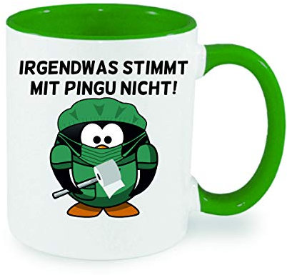 Irgendwas stimmt mit Pingu nicht - Pinguin mit Maske Kaffeetasse mit Motiv, Tasse mit Druck, auch individuell mit Spruch, Foto, Wunschtext, Wunschname (Grün)