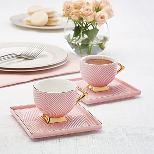 Karaca Art Deco Turkish Coffee Cup Set for 2 People - 4 Piece Pink Cups with Saucers - Small Porcelain Espresso Set - Ideal for Serving Greek, Arabic Coffee (90 ml)