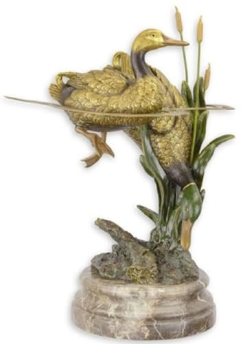 Casa Padrino Luxus Bronzefigur Enten im Teich Gold/Mehrfarbig/Grau 35,8 x 31,6 x H. 51,3 cm - Bronze Skulptur mit Marmorsockel - Wohnzimmer Deko