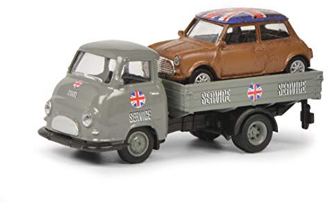 Schuco 452649000 Hanomag Mini-Service, Hanomag Kurier mit Ladegut Mini Cooper, Modellauto, Maßstab 1:87, grau