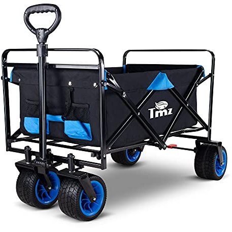 TMZ Collapsible Garden Wagon Cart All Terrain Utility Folding Wagon Foldable Outdoor Handcart with Big Wheels 265lbs Capacity for Shopping, Camping, and Outdoor Activities-Black/Blue