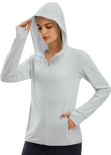 Libin Damen UPF 50+ Sonnenschutz Hoodie Full Zip Laufshirt Langarm Sun Shirt Sportshirt für Running Wandern Outdoor Surfen mit Taschen, Light Gery M