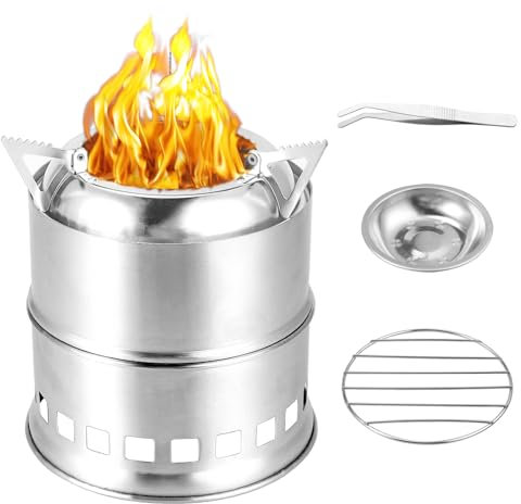 VINTEAM Camping Stove, Stainless Steel Backpacking Stove Portable Wood Burning Stoves for Picnic BBQ Camp Hiking with Carry Bag, Grill Grid, Blow Fire Tube and Tweezers