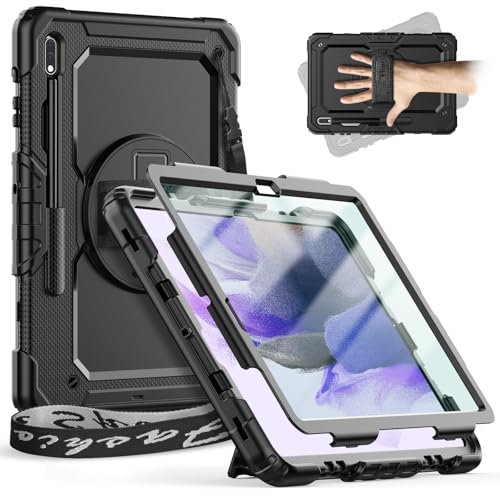 Timecity Case For Samsung Galaxy Tab S8 Plus 2022/ S7 FE 2021/ S7 Plus 2021 12.4 inch With Screen Protector & 360 Degree Rotating Stand & Hand Shoulder Strap, Black