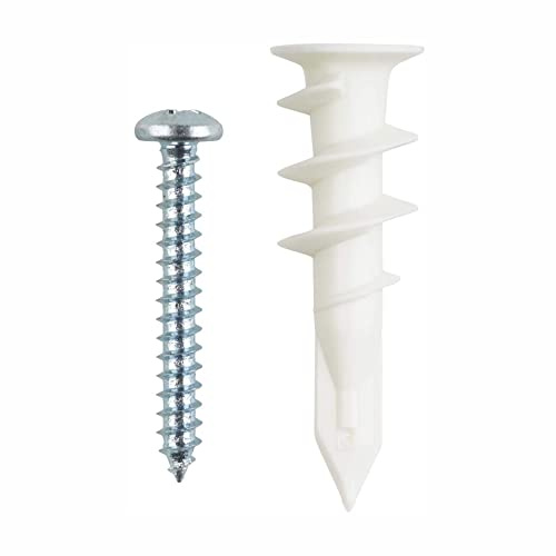 Selbstbohrende Kunststoffdübel für Trockenbau 13 x 42 mm, Wanddübel, selbstschneidende Gewindedübel aus weißem Nylon 50 Stück und Schrauben 4,0 x 25 mm, 50 Stück