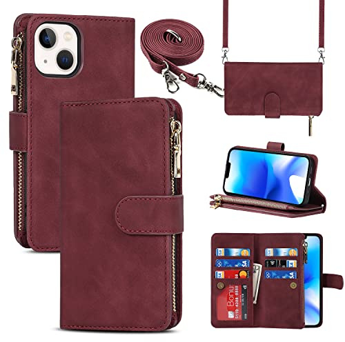 Cavor Compatible with iPhone 14 Case With Card Holder With Strap,Flip Leather Crossbody Women Wallet Case,[9 Card Holders][2 Lanyards],Cover Phone Case Compatible with iPhone 14 - Red