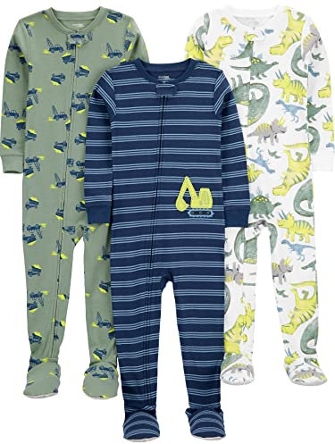 Simple Joys by Carter's Jungen 3-Pack Snug Fit Footed Cotton Pajamas Baby-und Kleinkindschläfer, Marineblau Streifen/Salbeigrün Konstruktion/Weiß Dinosaurier, 4 Jahre (3er Pack)