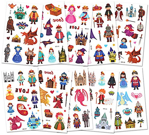 AOOWU Glitzer Tattoo Set Kinder, 10 Blätter Castle Glitzertattoos Mädchen, Wasserdichte Kinder Tattoo Aufkleber Junge, Temporäre Kindertattoos für Party Deko Geschenke Mitgebsel Kindergeburtstag