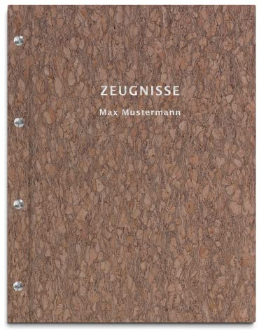 Personalisierte Zeugnismappe im gescheckten Kork-Einband – 2-zeiliger Wunschtext als Prägung – 12 Hüllen für DIN-A4 Dokumente