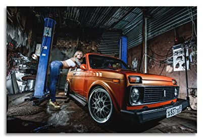 Vintage Auto Poster Lada Niva Offroad Suv Drift Sexy Hot Girl Poster Dekorative Malerei Leinwand Wandposter und Kunstbild Druck Moderne Familie Schlafzimmer Dekor Poster 30 x 45 cm