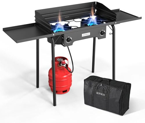 ROVSUN 2-Brenner-Propangas-Heizstrahler für den Außenbereich, mit Regler, Windpanel, Tasche und Seitenablagen, 150.000 BTU leistungsstarker Herd für das Kochen im Hinterhof, Camping