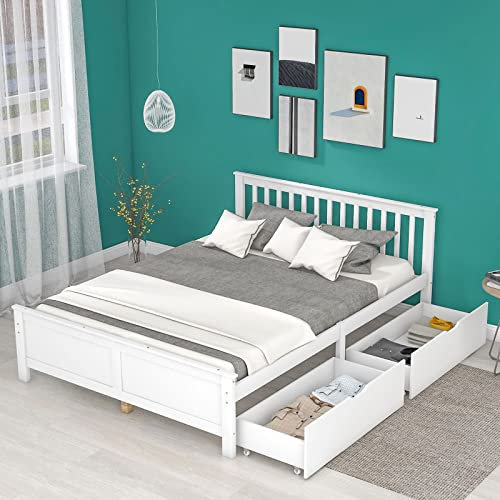 Banemi Bett 140X200 mit Stauraum Holz, Bettgestell Weiß Massivholz Doppelbett mit Schubladen Zur Aufbewahrung und Rahmen aus Kiefernholz Bett Schlafzimmer