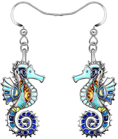 LONYOO Emaille Ozean Tiere Hai Ohrringe baumeln Zinklegierung Oktopus Qualle Wal Delphin Ohrringe für Frauen Mädchen Sommer Charms (Seepferdchen Ohrringe Blau)