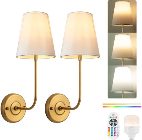 PASSICA DECOR Battery Operated Wall Light Set of 2, Rechargeable Wall Lights with Dimmable Bulb, 15 Colors and Remote Control, Wireless Sconces for Bedroom, Living Room