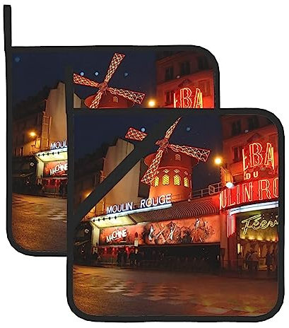 Moulin Rouge Topflappen, hitzebeständig, rutschfest, mit Taschen, für Küche, Kochen, Backen, Grillen, 2 Stück