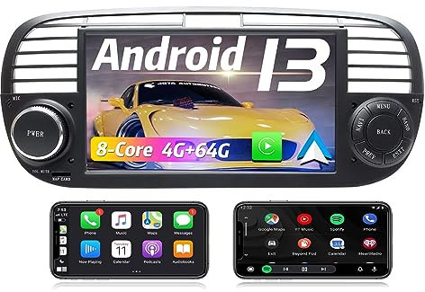 Autoradio per Fiat 500 Carplay Bluetooth Android 13,Stereo per Fiat 500 2007-2016 Écran Tactile 9inch, 8-Core 64 Go ROM 4 Go Auto con 4G/GPS/WiFi/BT/Radio/TPMS/FM/USB/MIC/LTE nero