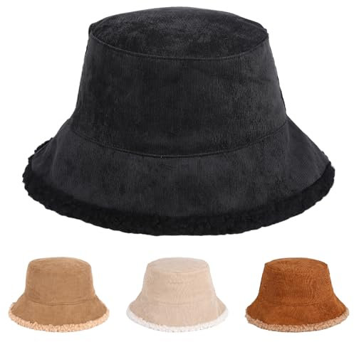 Winter Eimer Hut für Frauen Männer Warm Cord Eimer Hut Plüsch Fischer Hut Eimer Hüte mit Krempe Flauschige Winter Wärmer Mütze für Jungen Mädchen Winter Outdoor Indoor (Schwarz)