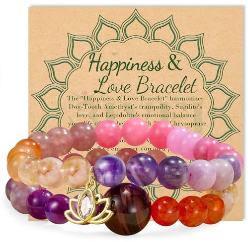 Bivei Natursteinarmbänder Kristall- und Stein-Chakra-Perlenstretch-Armband in Rosa und Lila 8mm Reiki Halbedelstein-Lotus-Charme Schmuckgeschenke Paar-Armbänder für Frauen (Rosa)
