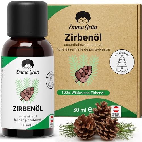 Emma Grün® Bio Zirbenöl [100% NATURREIN] - Echtes Zirbelkiefer Öl 30ml aus Alpen Wildwuchs - LEBENSMITTELQUALITÄT - Naturreines Ätherisches Öl - Waldiges Zirbenöl für Diffusor & Sauna