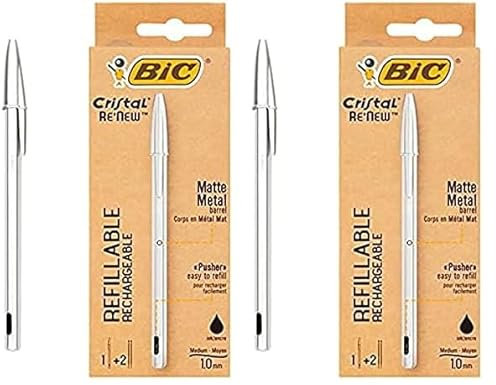 BIC Bolígrafo de bola recargable con cristal de metal RE-NEW de 1 mm negro con 2 recambios a elegir (Paquete de 2)