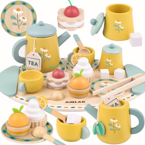 Airlab Juego de Té de Madera para Infantil, Comida Juguete Cocinita, Juegos de Imitación Accesorios de Cocina Educativos Montessori para Niños 3 4 5 6 Años Tarde de té Fiesta de Cumpleaños Regalo