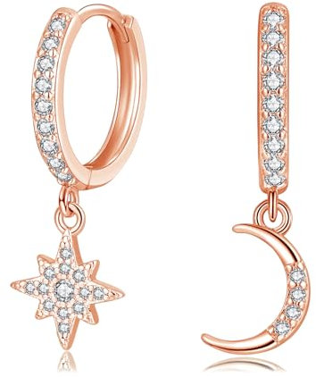 Loutade Sterling Silver Moon Star Dangle Hoop Earrings, Rose Gold Hoop Earrings with Moon Star Dangling