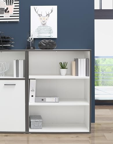 Forte KEFLAVIK weißes Bücherregal 80 90, Standregal, offenes Regal, modernes Wohnzimmerregal, Büroregal, Holzwerkstoff, Weiß/Uni Wolfram Grau, 84,5 cm breit x 115,1 cm hoch x 41,5 cm tief