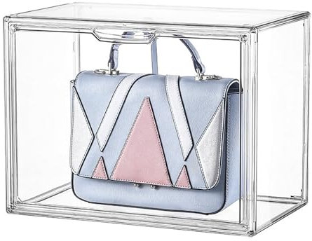 TOWEBOORY Clear Stackable Plastic Storage Bins with Magnetic Attraction Lid, Dustproof Book & Cosmetic Display Cases Handbag Storage Organizer Shoe Box for Clutch Wallet Book Toys(36*22*27cm)