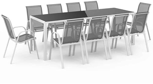 IDMarket - Gartenmöbel-Set Madrid, Tisch 240 cm und 10 stapelbare Stühle, weiß und grau