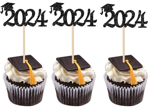 Xsstarmi 24 Packung 2024 Abschluss Cupcake Toppers Glitzer Congrats Grad Cap Cupcake Picks für Diplom Fertig Class of 2024 Graduation Party Kuchendekoration Schwarz