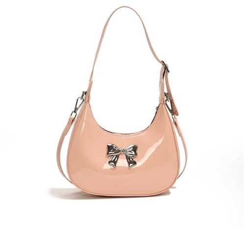 CXINLky Klein Halbmond Umhängetasche Damen, Y2K Lackleder Schultertasche mit Schleife, Textur Moon Bag Hobo Crossbody tasche Achselhöhlentasche für Mädchen Frauen-Rosa