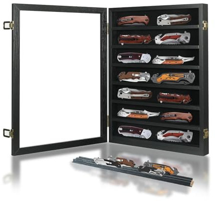 YRCKUDZKG Pocket Knife Display Lockable Wooden with HD Tempered Glass knife Cabinet, Stand Military Folding Knife Shadow Box Wall 7 Rows Knife Case with Removable Shelves, Black