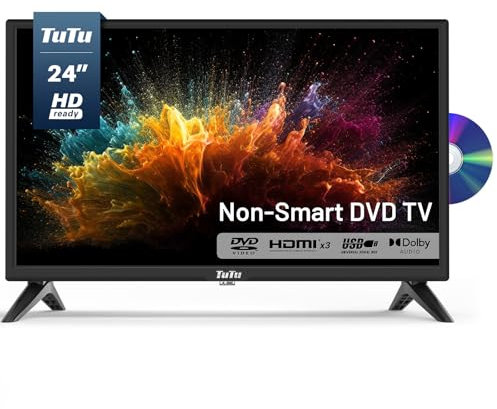TuTu Téléviseur de 24 pouces avec lecteur DVD intégré, 720p HD LED petit téléviseur à écran plat avec 3 HDMI, USB, VGA optique, télévision non intelligente ou moniteur pour cuisine, chambre, sous-sol