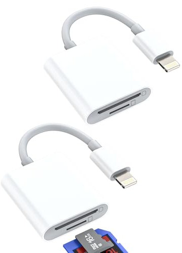2 in 1 Lightning SD and Micro SD Card Reader Adapter (2 Pack) for Apple iPhone 14 Pro for iPad TF Memory Cards Transfer Photos Videos Camera Compact External Memory Drives