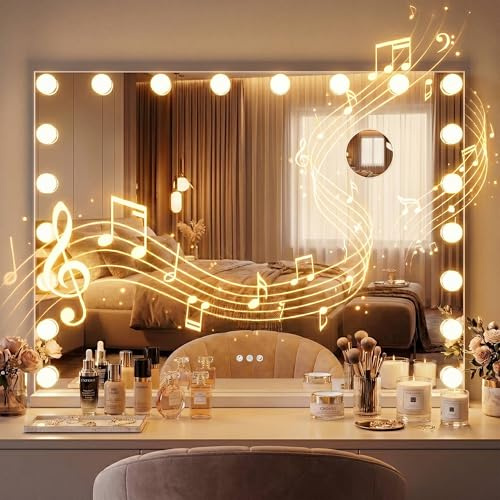 CLP Schminkspiegel mit Beleuchtung 80x60 cm Norlina, Kosmetikspiegel Bluetooth-Lautsprecher USB, Hollywoodspiegel Wandmontage und freistehend, Farbe:weiß, Set-Inhalt:mit Bluetooth
