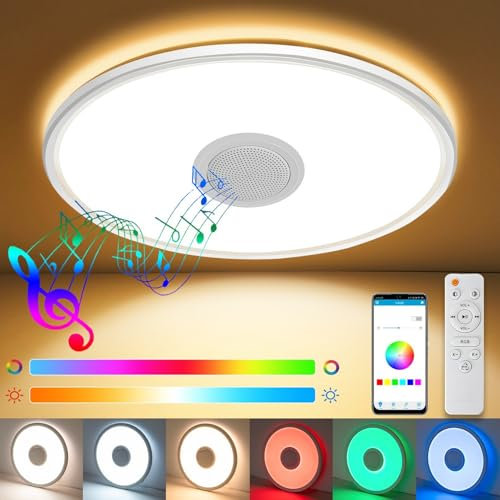 NEEMOSI LED Deckenleuchte Dimmbar mit Bluetooth Lautsprecher, Ø29cm 3200LM Flach Deckenlampe Musik mit RGB, Fernbedienung und APP, 3000K-6500K für Schlafzimmer Badezimmer Wohnzimmer Kinderzimmer