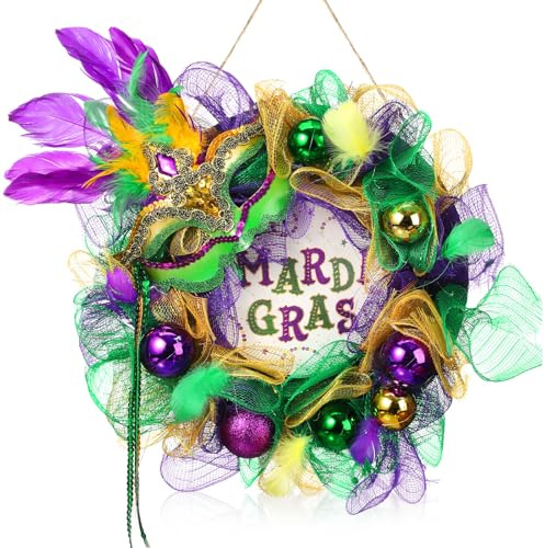 Hoteam Karnevalskranz für Haustür, lila, grün, gold, Karnevalskranz, Glitzer, Karneval, Festival, Dekoration mit venezianischer Maske für drinnen und draußen, Urlaub, Partygeschenke (Karneval, 33 cm)