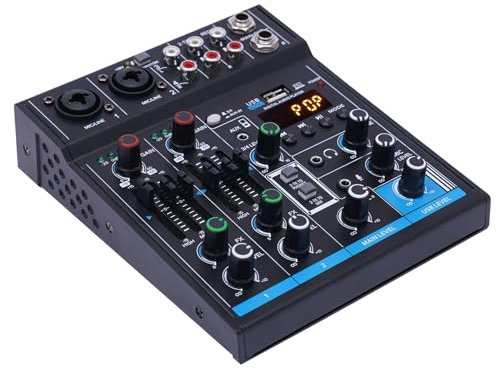 Mini Audio DJ Mixer Sistema di console con ingresso microfono a 4 canali, alimentazione phantom da 48 V, mixer audio professionale con processore digitale effetti, mixer audio multifunzione Bluetooth