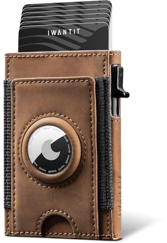 IWANTIT Leder Slim Airtag Wallet mit Münzfach, Leder Smart Pop-Up Geldbörse, RFID Schutz Geldbeutel Portmonee Herren Kartenetui für Männer (Braun)
