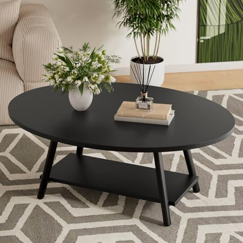 Hawthyhome Runde Beistelltisch 2-Tier Couchtisch Tisch mit Stauraum Moderner Massivholztisch Metallrahmen für Wohnzimmer Schlafzimmer Schwarz